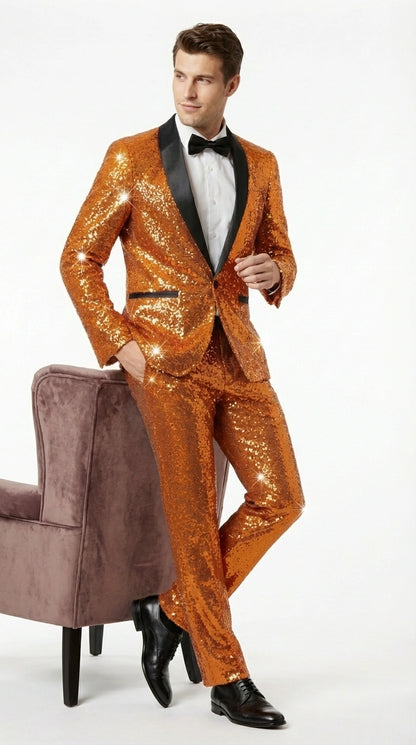 Mens Orange Sequin Tuxedo Suit – Shiny Wedding Suit Set with Black Lapel for Prom, Party, Gala and Formal Evening Wear - Goldish Orange