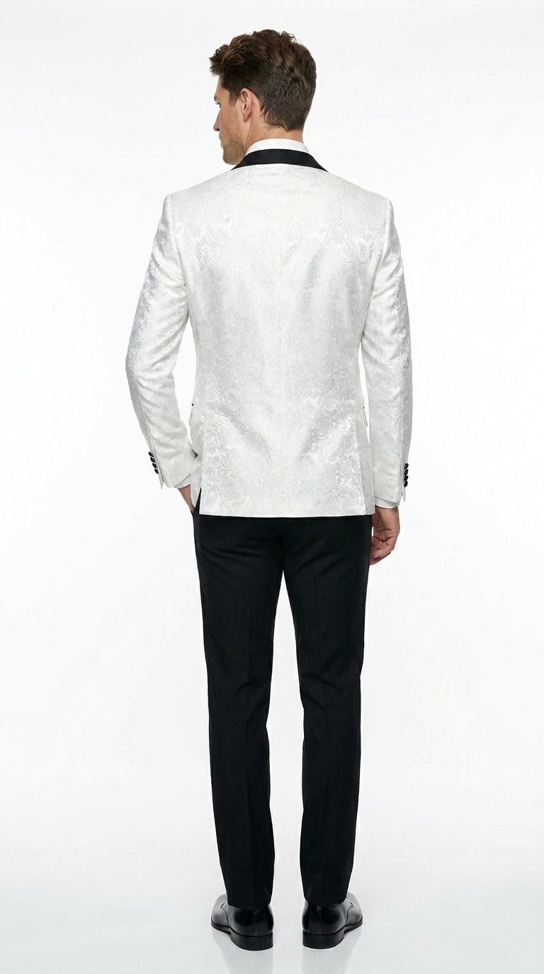 Men’s White Shiny Paisley Flower Pattern Tuxedo Jacket with Black Lapel, Formal Wedding Blazer