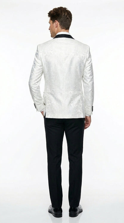 Men’s White Shiny Paisley Flower Pattern Tuxedo Jacket with Black Lapel, Formal Wedding Blazer