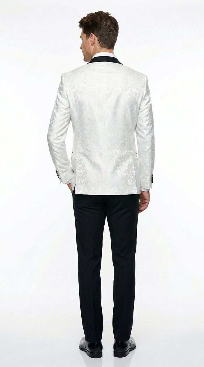 Men’s White Shiny Paisley Flower Pattern Tuxedo Jacket with Black Lapel, Formal Wedding Blazer