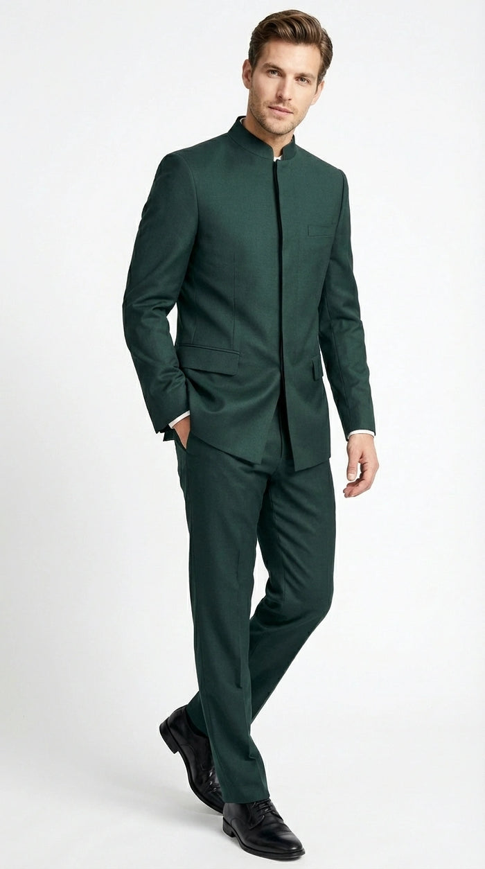 Men’s Olive Green Tuxedo Mandarin Collar Suit – Modern Nehru Style Formal Suit for Wedding Banded Collar