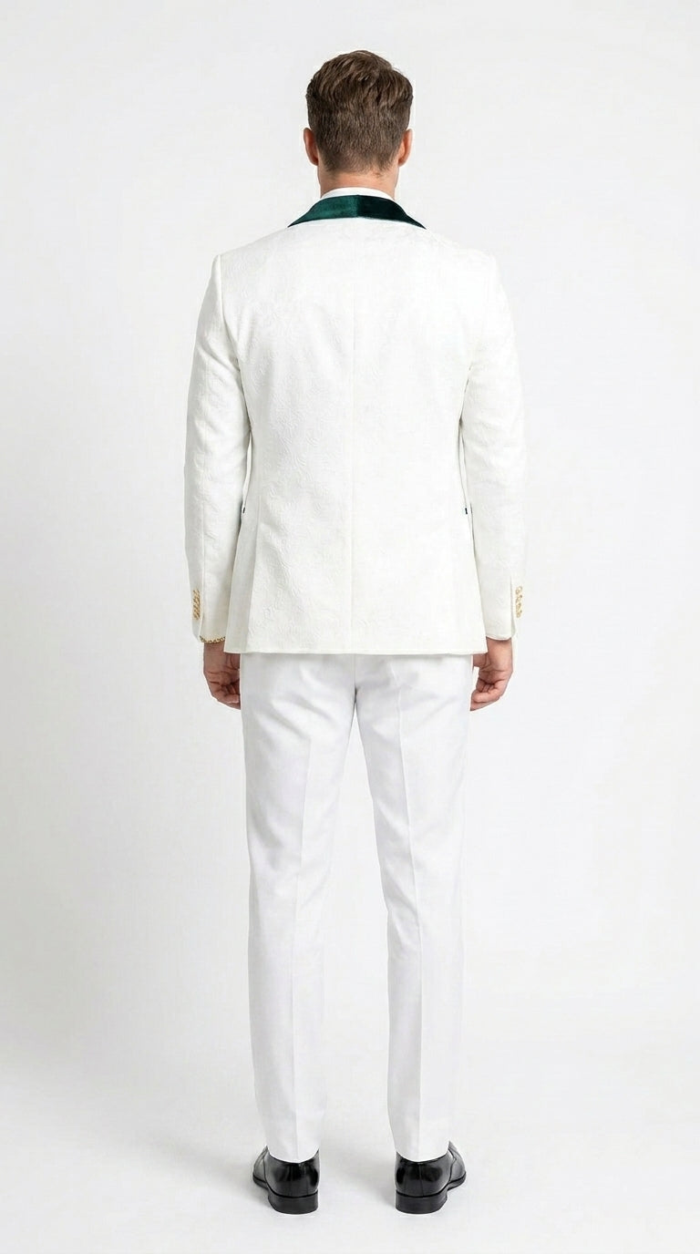 Men’s White and Green Tuxedo Wedding Suit with Shawl Lapel, Velvet Vest and Pants
