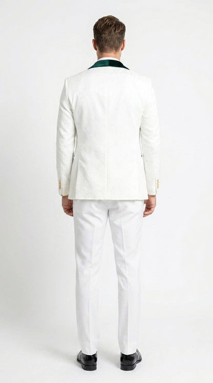 Men’s White and Green Tuxedo Wedding Suit with Shawl Lapel, Velvet Vest and Pants