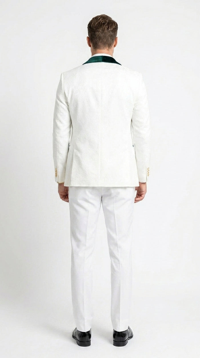 Men’s White and Green Tuxedo Wedding Suit with Shawl Lapel, Velvet Vest and Pants