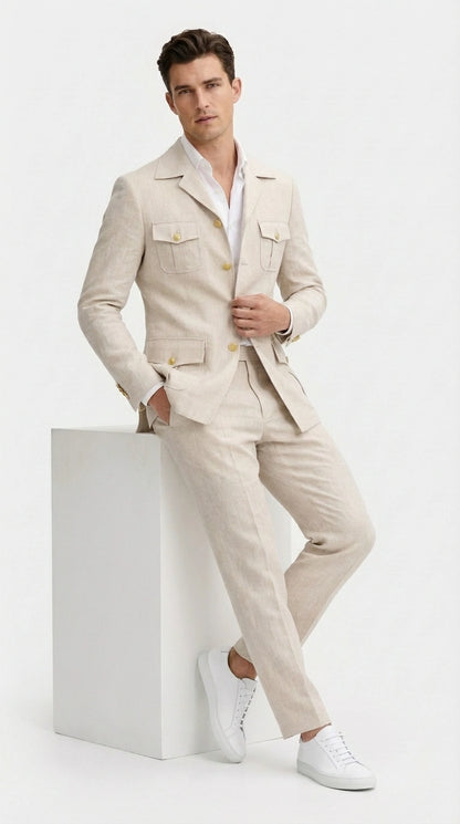 Mens Tan Beige Safari Military Walking Suit Set – Casual Two Piece Outfit Lightweight Summer Blazer and Pants Set Classic Casua Wear