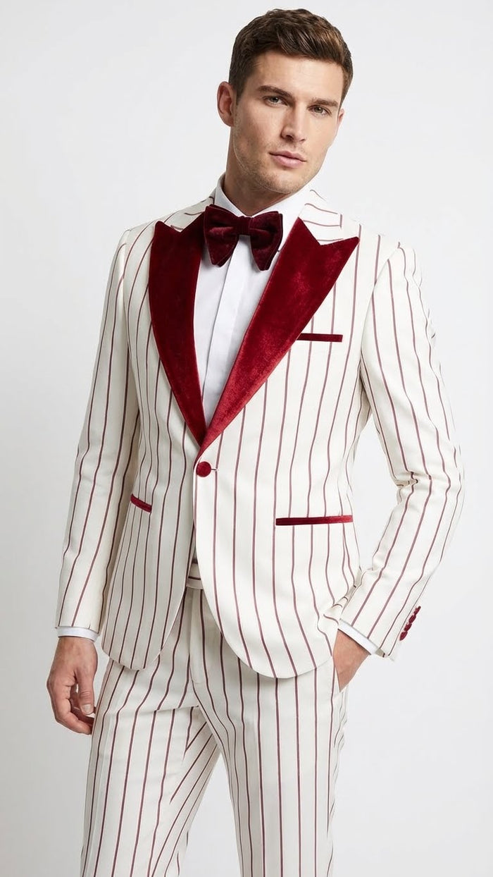 Mens White and Dark Red Pinstripe Tuxedo with Velvet Shawl Lapel  Formal Dinner Blazer Prom Christmas New Year Holiday Suit