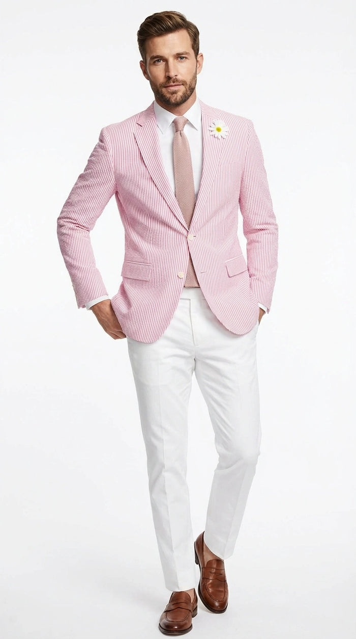Men's Pink Seersucker Blazer – Lightweight Striped Summer Sport Coat Casual Smart Formal Jacket