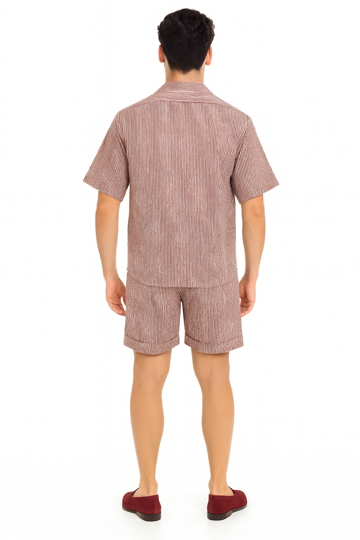 Men's Burgundy Reddish Seersucker Short Set Walking Suit - Two-Piece Cuffed Shorts with Expandable Waist