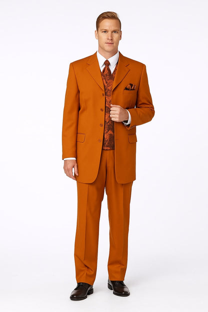 Mens Rust 3-Piece Fashion Suit  Notch Lapel with Paisley Vest, Tie and Pocket Square - Zoot Suit