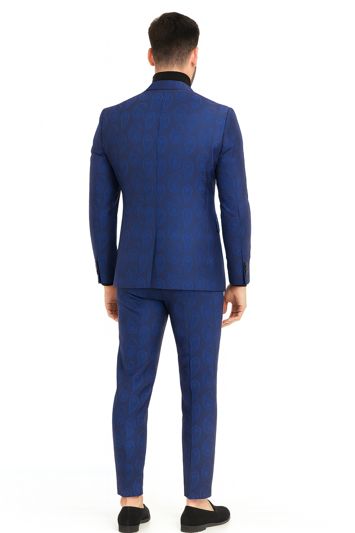 Mens Sapphire Blue Paisley 3-Piece Suit  Slim Fit Designer Tuxedo Set for Weddings and Formal Events in Cobalt Blue Color