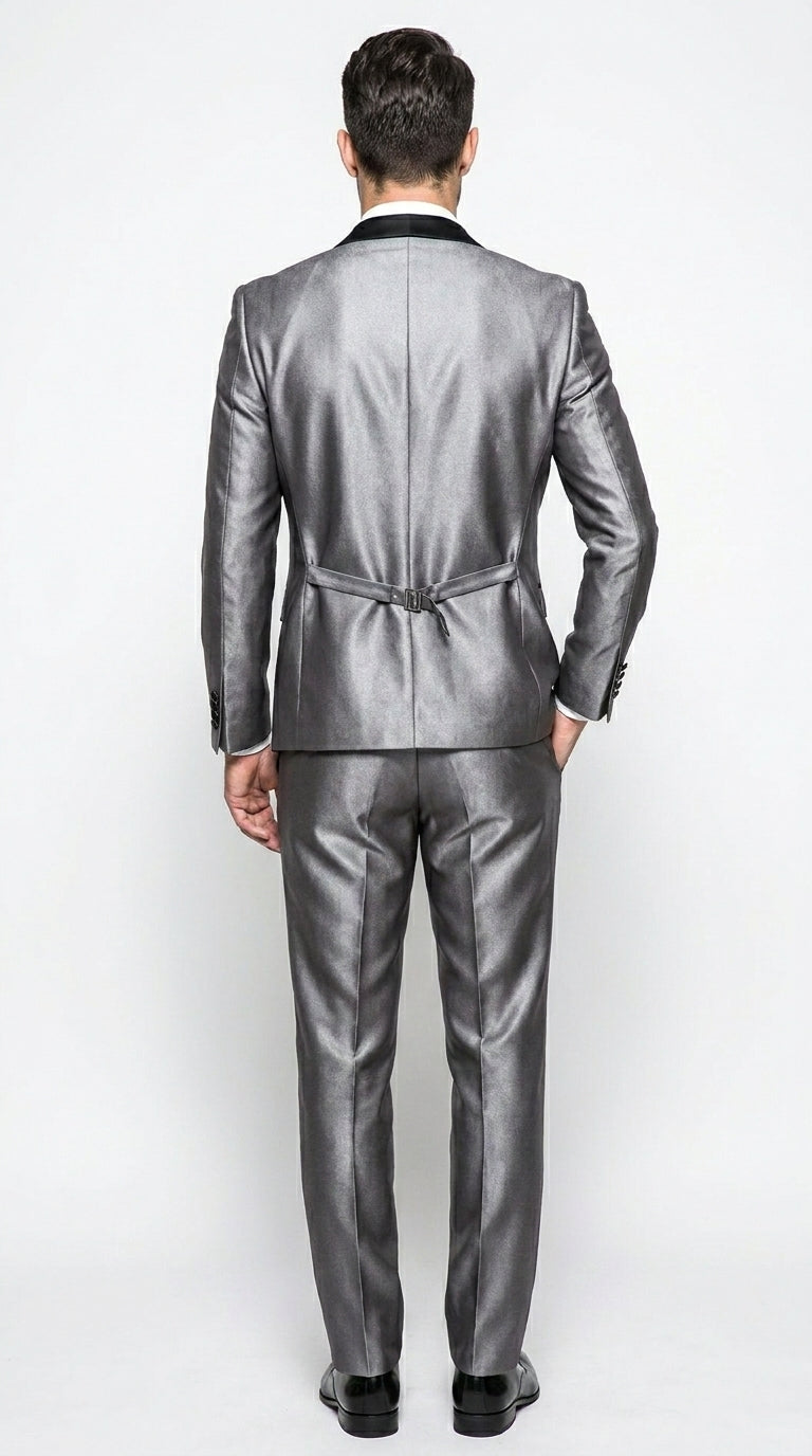 Men’s Silver Grey Sharkskin Vested Tuxedo with 1 Button Jacket, Shawl Lapel and Matching Pants
