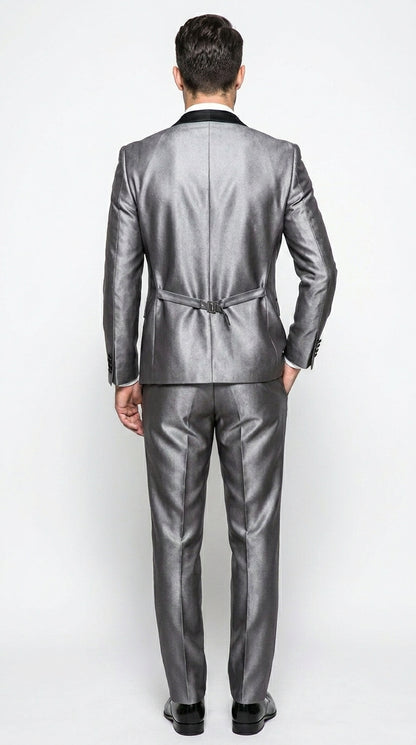 Men’s Silver Grey Sharkskin Vested Tuxedo with 1 Button Jacket, Shawl Lapel and Matching Pants
