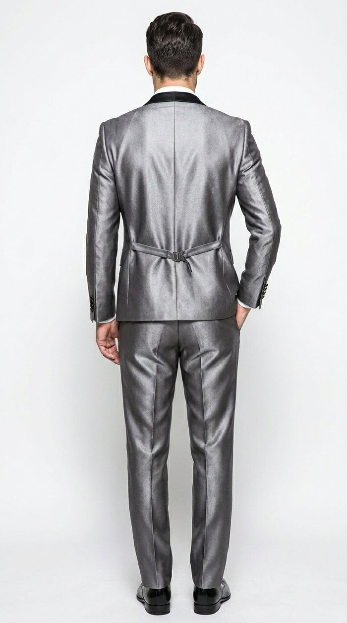 Men’s Silver Grey Sharkskin Vested Tuxedo with 1 Button Jacket, Shawl Lapel and Matching Pants