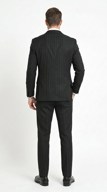Men’s Black Tonal Shadow Pinstripe Vested Suit – 3 Piece Classic Fit Formal Wedding & Business Suit By Vitali