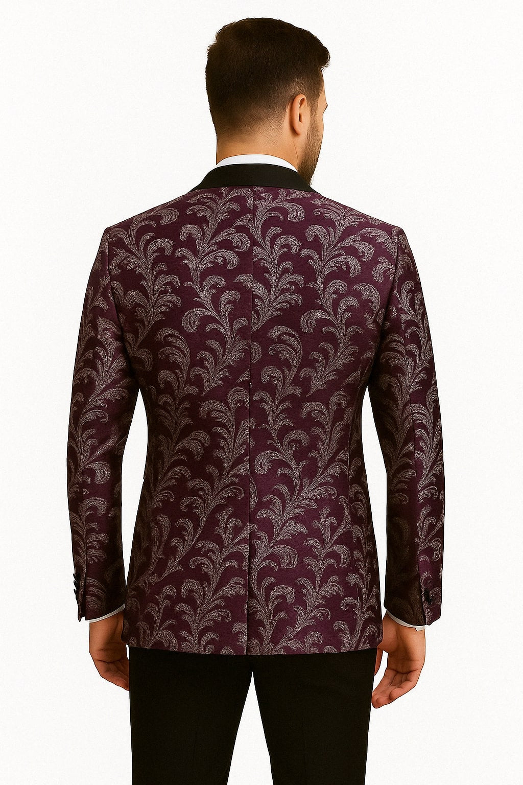 Mens Purple and White Paisley Floral Brocade Tuxedo Jacket - Suit with Satin Lapel Wtih Black Pants
