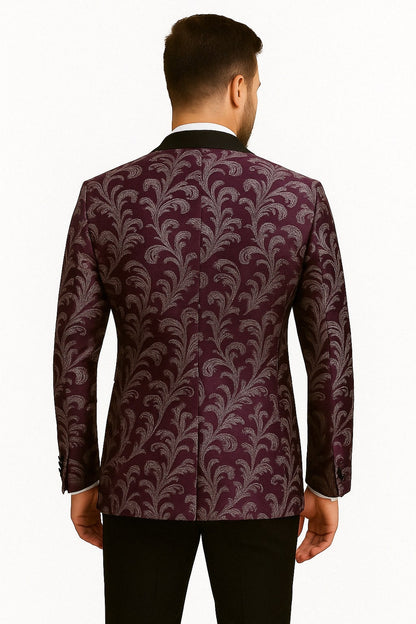 Mens Purple and White Paisley Floral Brocade Tuxedo Jacket - Suit with Satin Lapel Wtih Black Pants