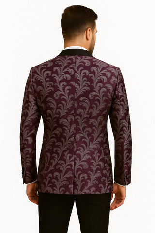 Mens Purple and White Paisley Floral Brocade Tuxedo Jacket - Suit with Satin Lapel Wtih Black Pants