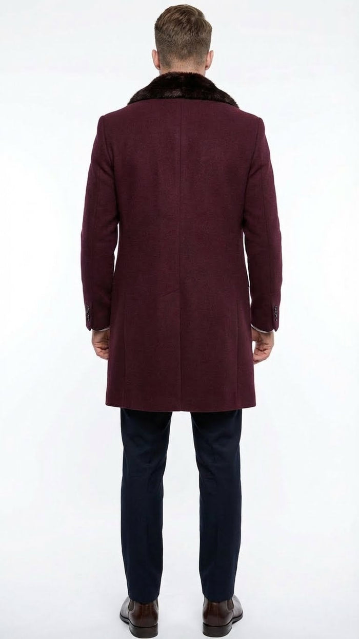 Mens Burgundy Three Quarter Coat with Faux Fur Collar Overcoat  Luxury Winter Outerwear Three Quarter Carcoat Topcoat