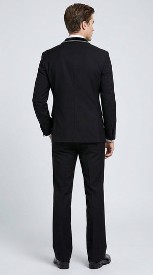 Men’s 1970s Style Black Boot Cut Tuxedo Suit – Shawl Lapel Wedding, Prom and Formal 2-Piece Suit