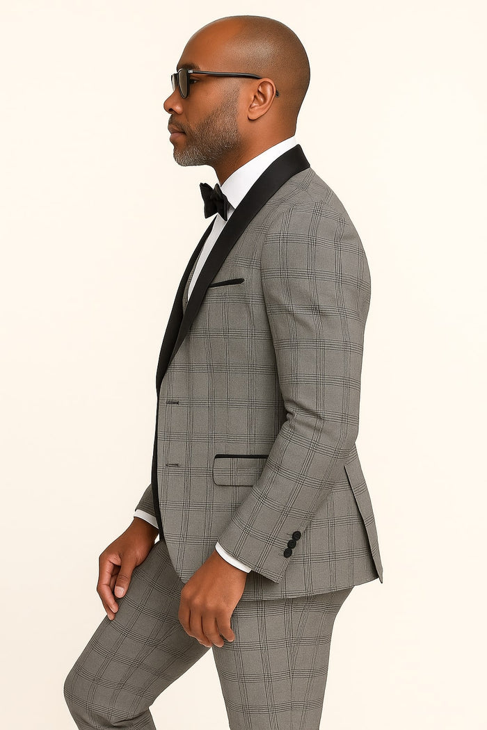 Men's Black and White Plaid Tuxedo  3 Piece Suit with Black Velvet Shawl Lapel - Gray Glein Tartan Pattern Wedding Suit