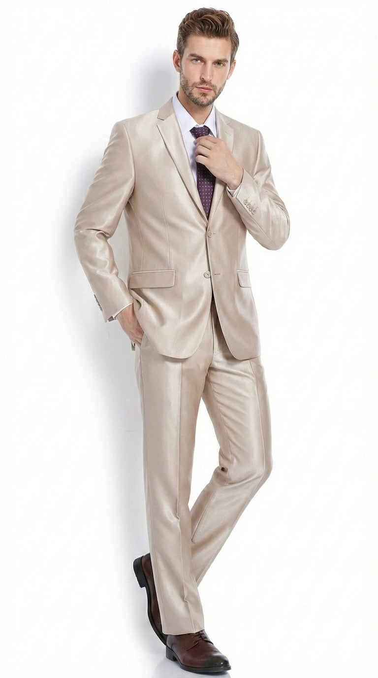Men’s Champagne Tan Sharkskin 2 Button Suit – Glossy Formal Suit with Optional Vest for Wedding, Prom, Business Beige Color