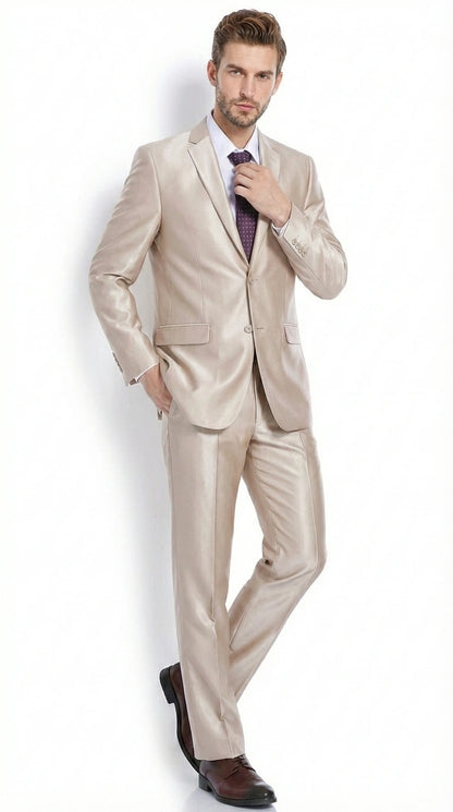 Men’s Champagne Tan Sharkskin 2 Button Suit – Glossy Formal Suit with Optional Vest for Wedding, Prom, Business Beige Color