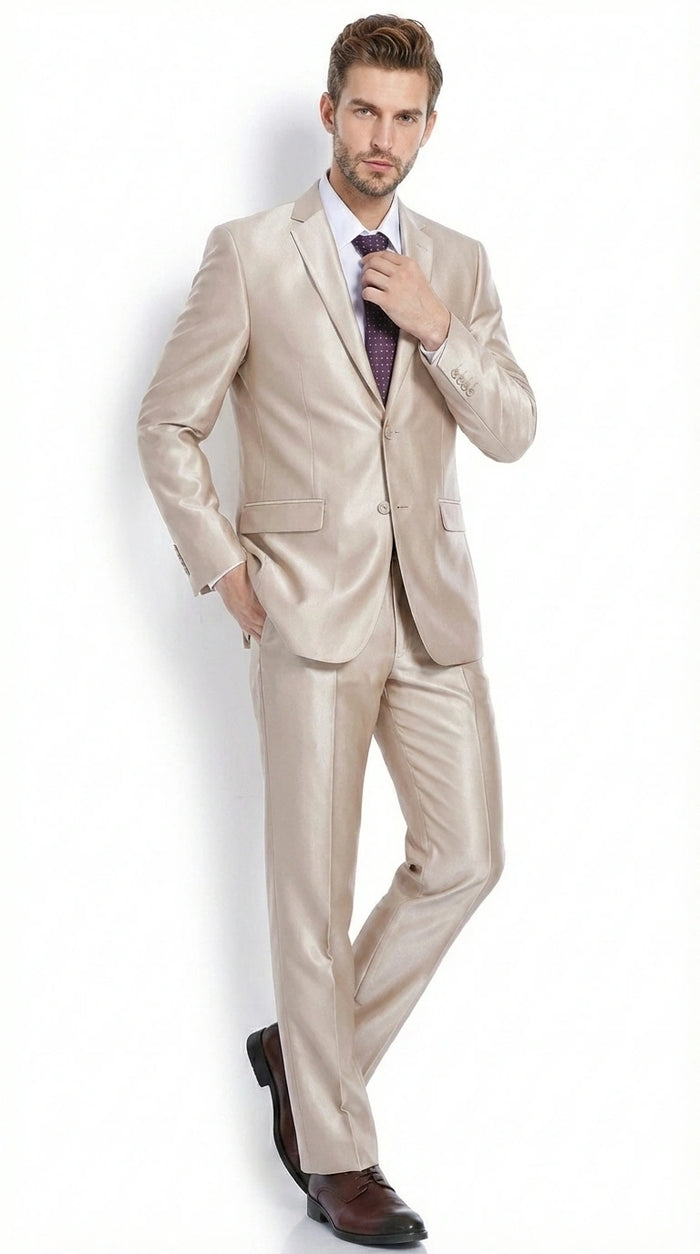 Men’s Champagne Tan Sharkskin 2 Button Suit – Glossy Formal Suit with Optional Vest for Wedding, Prom, Business Beige Color