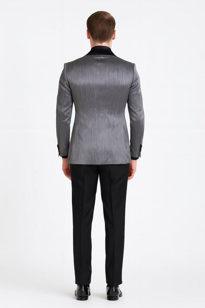 Silver Metallic Tuxedo Suit with Black Satin Peak Lapel  Mens Slim Fit Formal Wedding and Prom Attire in Charcoal Grey With Pants
