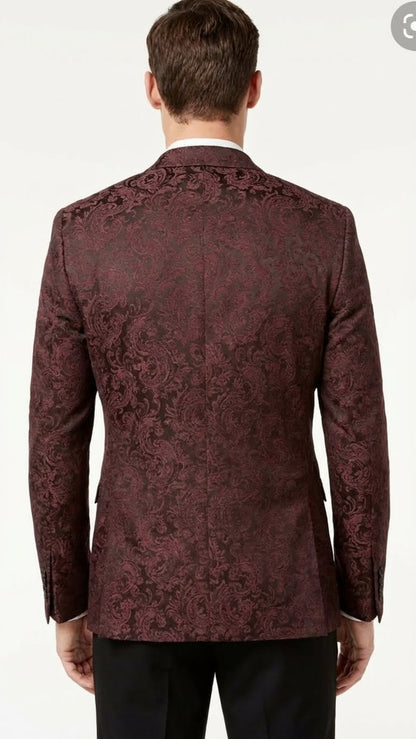 Mens Burgundy Paisley Blazer Sport Coat  Velvet Dinner Jacket floral in Maroon Wine Color Ultra Slim Fit Smoking Jacket