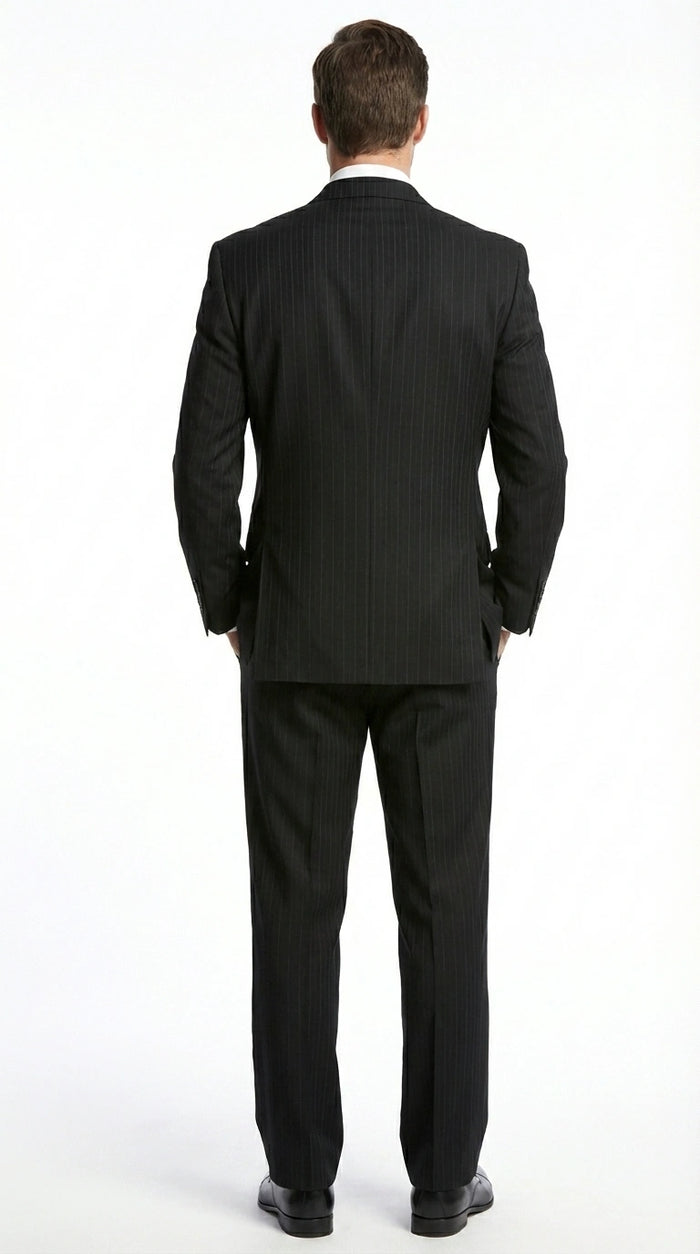 Men’s Black Pinstripe Double Breasted Suit – Peak Lapel Classic Fit Formal Business Conservative settle stripe