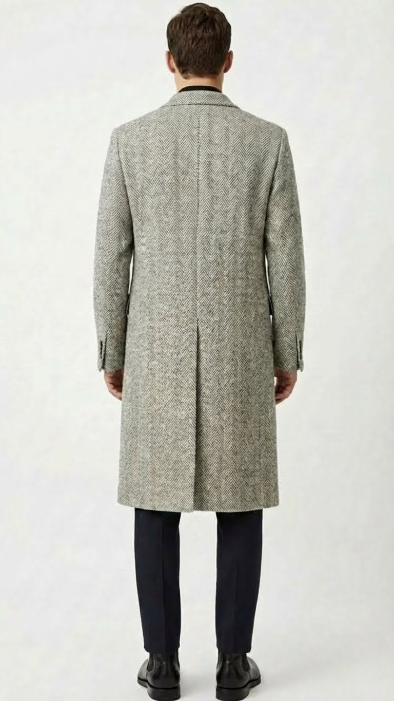 Mens Grey Herringbone Long Overcoat  Tweed Black and White Pattern Wool Topcoat Three Qaurter