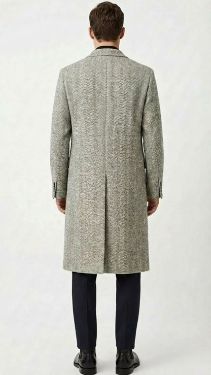 Mens Grey Herringbone Long Overcoat  Tweed Black and White Pattern Wool Topcoat Three Qaurter