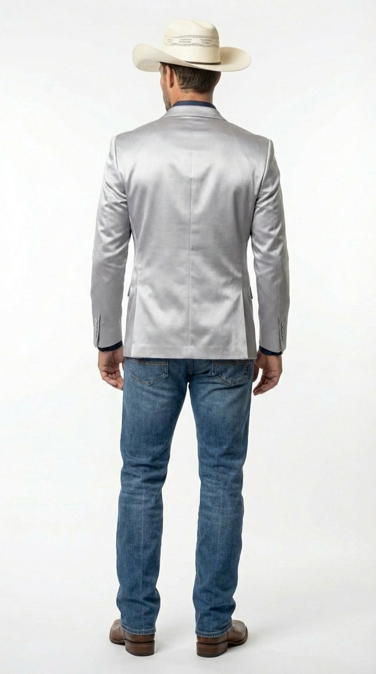 Mens Shiny Silver Cowboy Blazer – Western Style Satin Finish Blazer for Party, Country Events and Evening Wear
