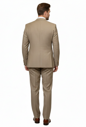 Mens Beige Pinstripe Three-Piece Suit  Classic Fit Formal Suit with Vest and Flat-Front Pants in Tan Stripe By Rossiman
