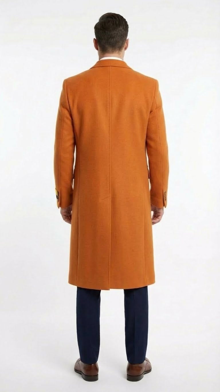 Mens Orange - Rust Wool Blend Long Overcoat  Topcoat Carcoat Topcoat