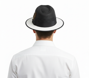 Men’s Two-Tone Black and White Fedora Hat with Feather Accent – Stylish Summer Dress Hat