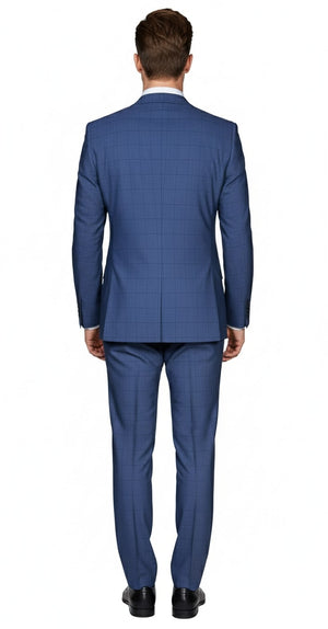 Mens Indigo Navy Blue Windowpane Check Suit  Classic 2-Piece Formal Business and Wedding Wear Set in Cobalt Blue