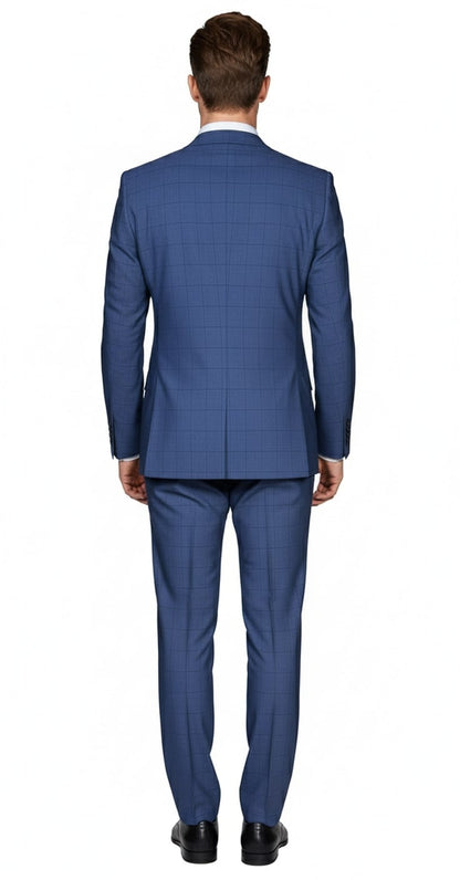 Mens Indigo Navy Blue Windowpane Check Suit  Classic 2-Piece Formal Business and Wedding Wear Set in Cobalt Blue