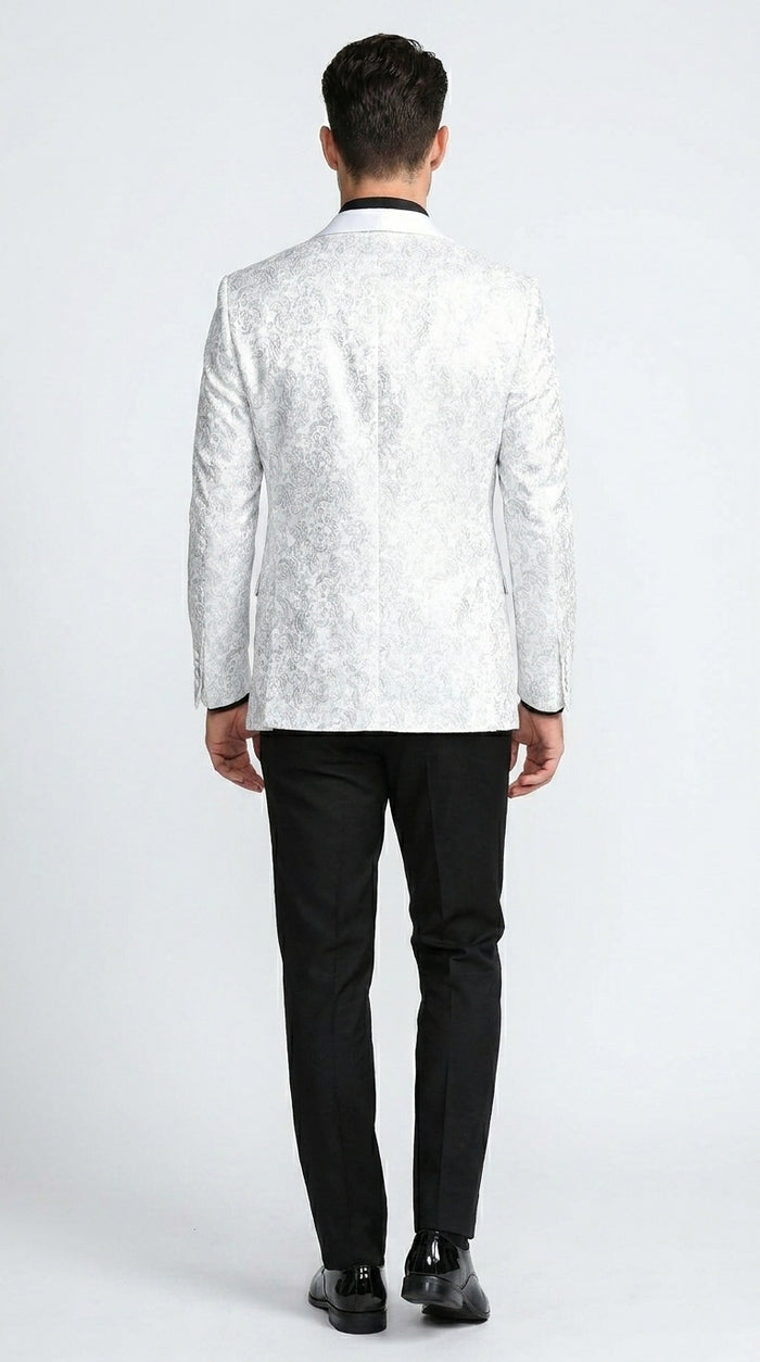 Men’s White Tonal Paisley Tuxedo Jacket with Satin Shawl Lapel, Wedding and Prom Dinner Blazer