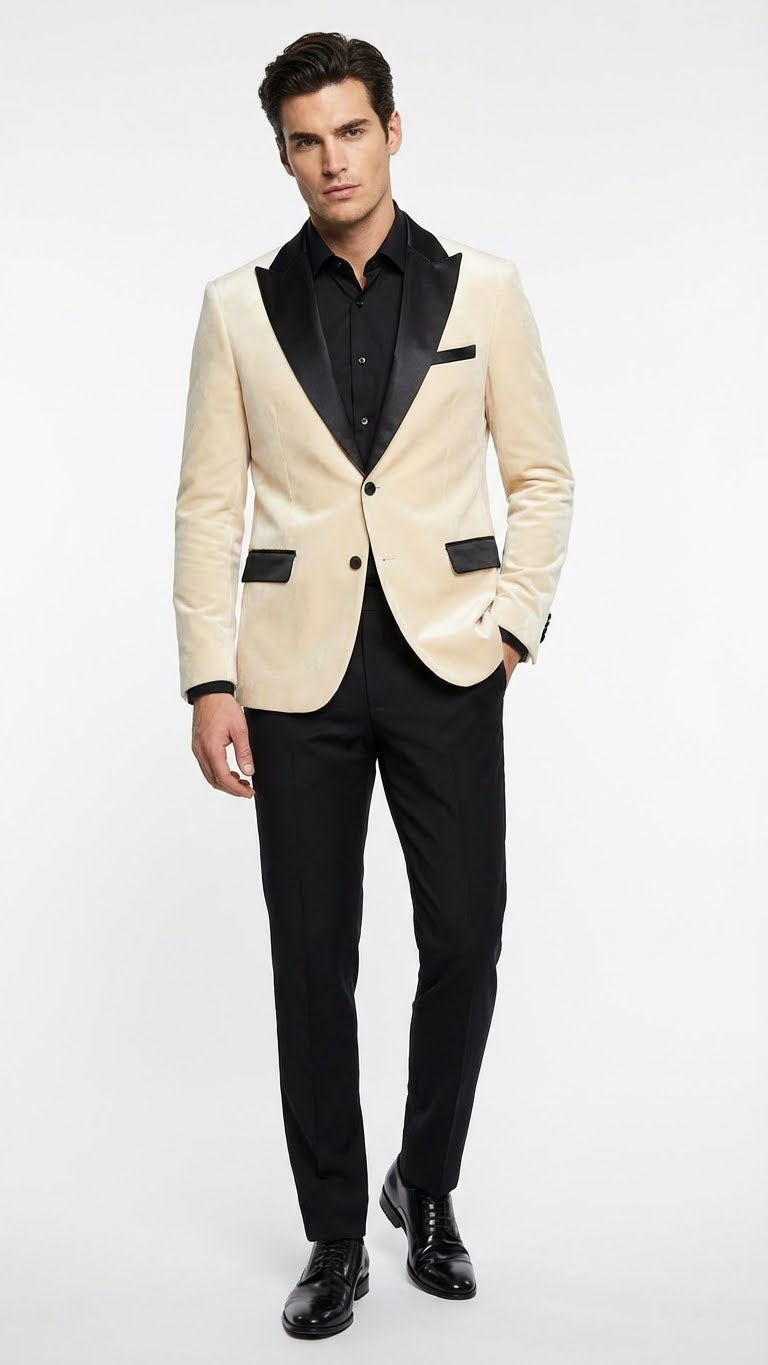 Men's Ivory Cream Velvet Blazer with Black Satin Lapel Formal Wedding and Party Sport Coat for Men