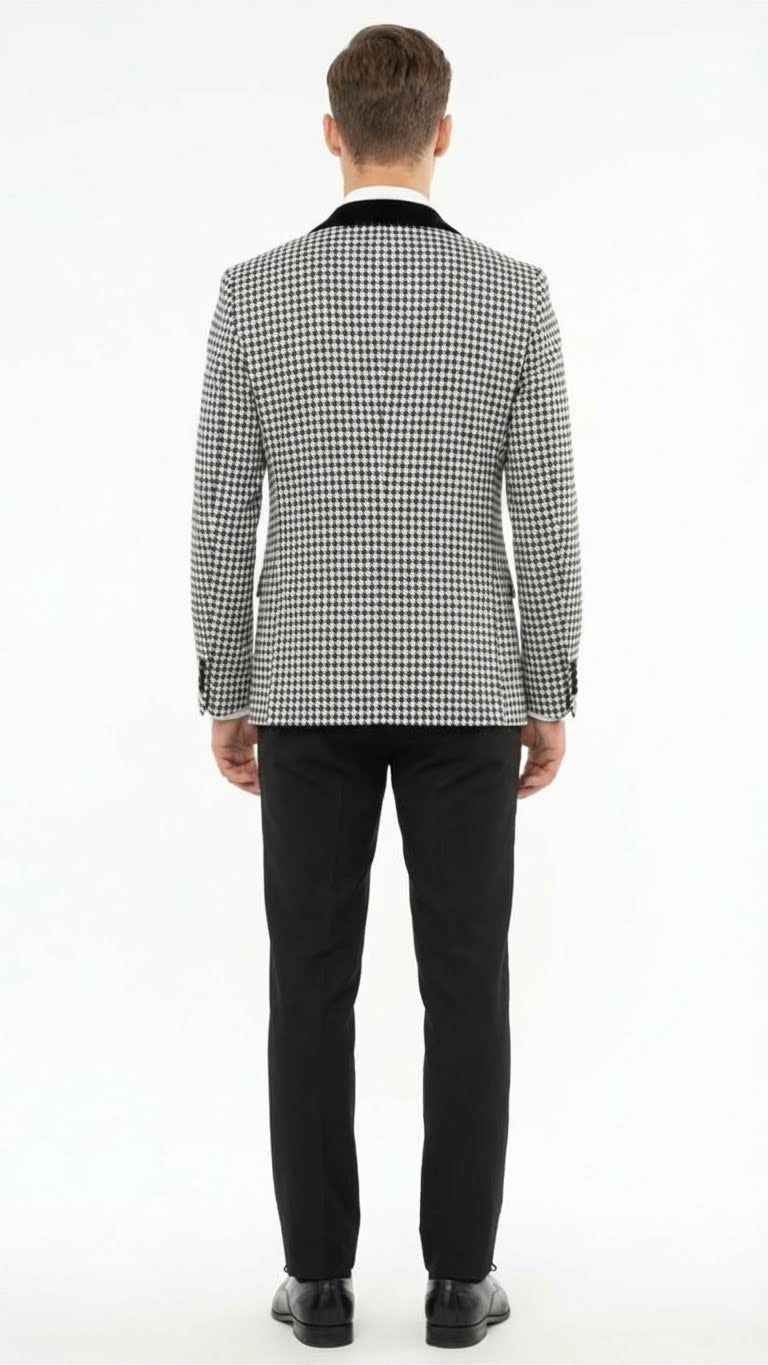 Mens Black and White Houndstooth Tuxedo Set with Velvet Shawl Lapel | 3-Piece Formal Suit with Double-Breasted Vest