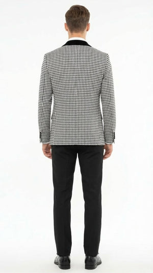 Mens Black and White Houndstooth Tuxedo Set with Velvet Shawl Lapel | 3-Piece Formal Suit with Double-Breasted Vest