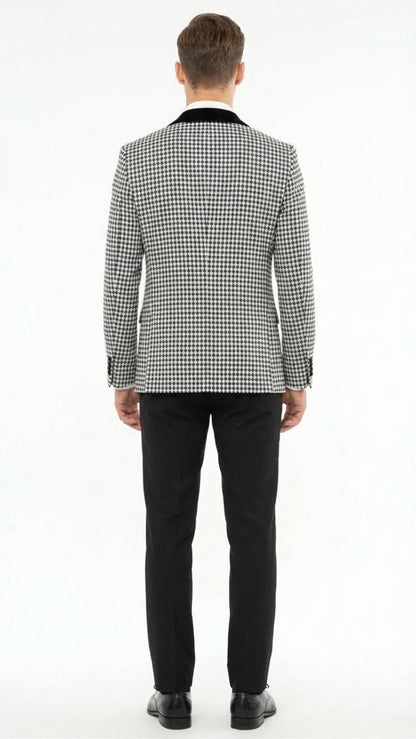 Mens Black and White Houndstooth Tuxedo Set with Velvet Shawl Lapel | 3-Piece Formal Suit with Double-Breasted Vest
