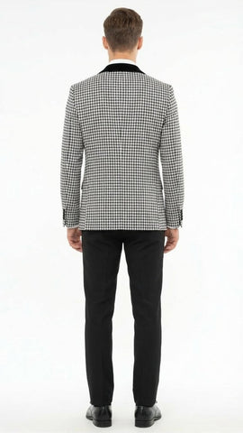 Men’s Black and White Houndstooth Tuxedo Set with Velvet Shawl Lapel | 3-Piece Formal Suit with Double-Breasted Vest