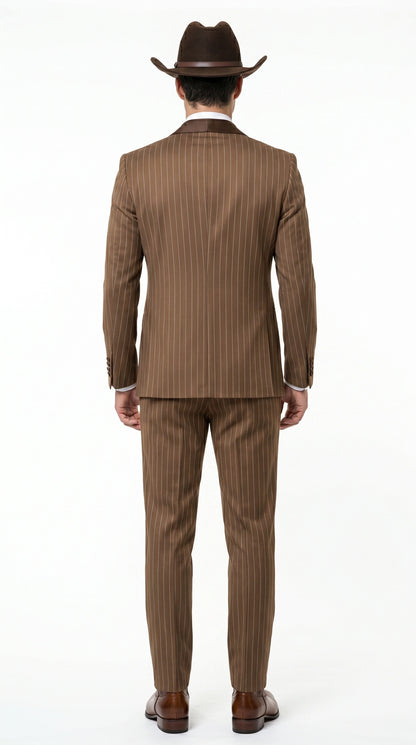 Men’s Brown Pinstripe Western Cowboy Tuxedo, Contrast Shawl Lapel Formal Suit for Weddings, Prom, Parties, and Special Occasions