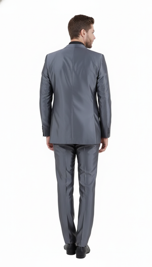 Mens Dark Grey Shiny Two-Piece Suit  Slim Fitted Formal Jacket and Tailored Pants - Sateen Metalic in Charcoal Gray Color
