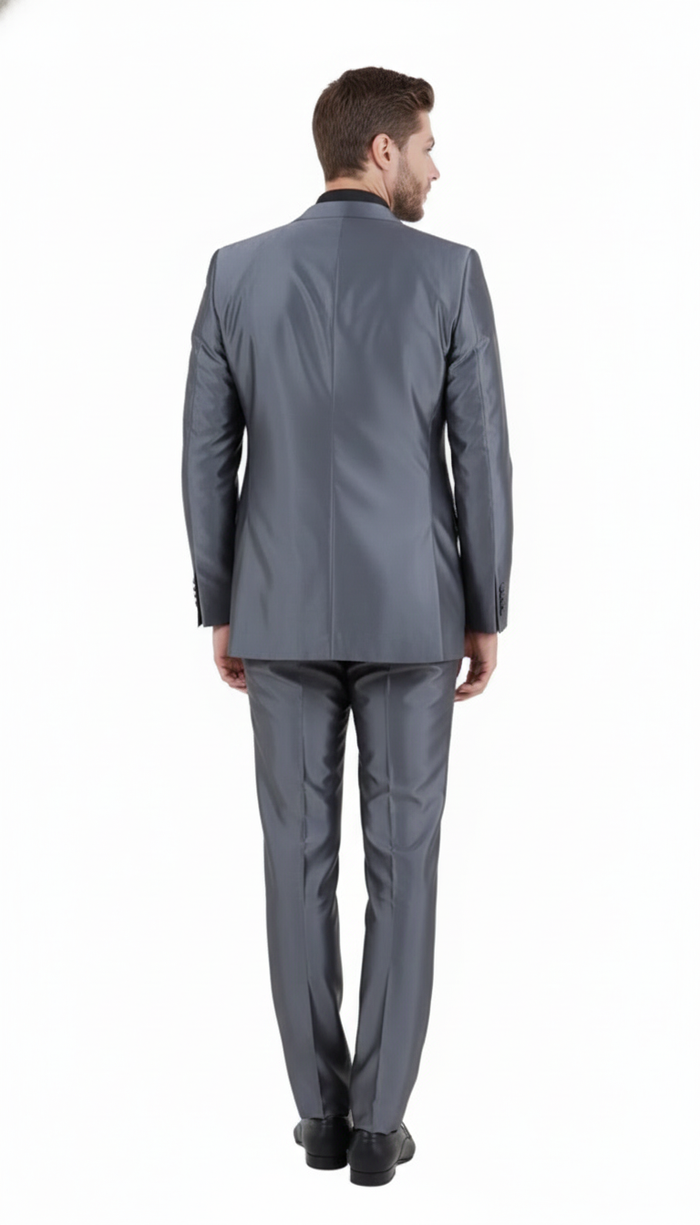 Mens Dark Grey Shiny Two-Piece Suit  Slim Fitted Formal Jacket and Tailored Pants - Sateen Metalic in Charcoal Gray Color