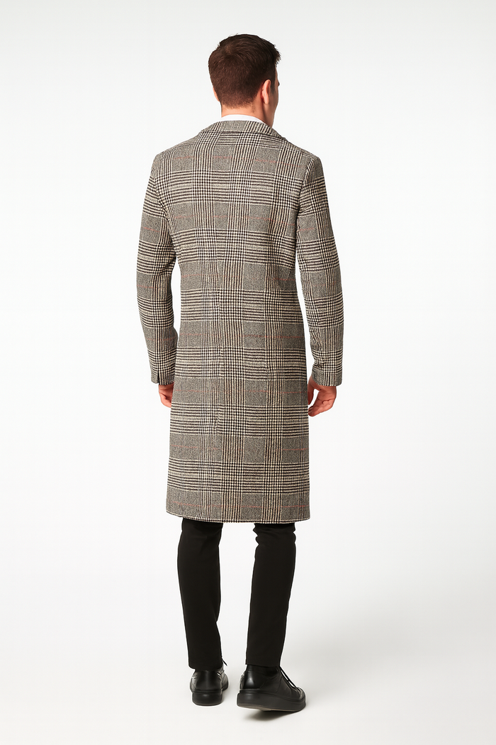Mens Full length  Long Plaid Overcoat  Classic Checkered Wool Blend Winter Coat in Gray Color Checkered