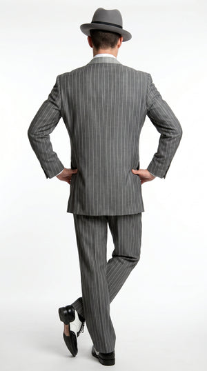 Men’s Grey Pinstripe 1920s Gangster 3 Piece Suit, Contrast Lapel Vintage Formal Suit for Parties, Prom, Weddings, and Theme Events