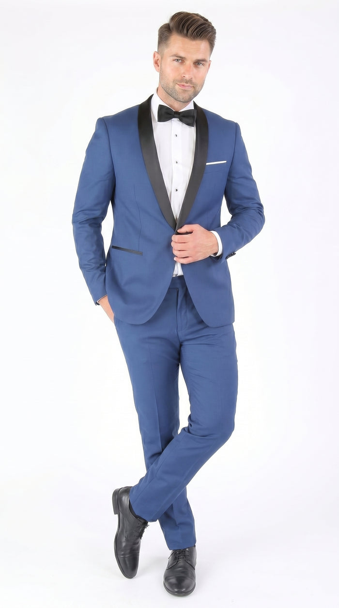 Men’s Indigo Shawl Prom Tuxedo with Black Lapel, One Button Jacket and Matching Pants